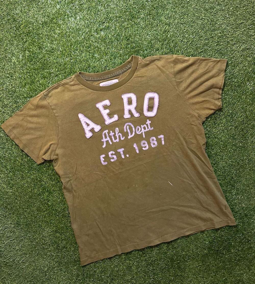 Y2K 2000s Aeropostale Ath Dept 1987 Graphic T-Shirt Olive Green - Picture 2 of 6
